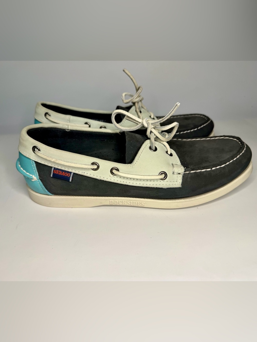 Sebago Docksides Boat Shoes Men's 9.5 M Leather Suede White Navy Loafers